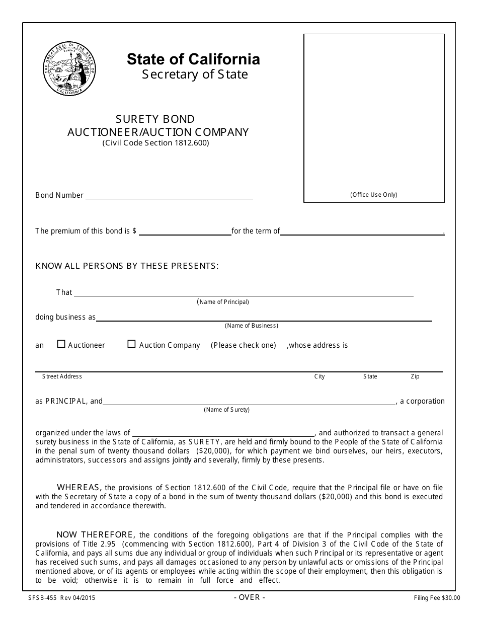 Form SFSB-455 Auctioneer/Auction Company Surety Bond - California, Page 1