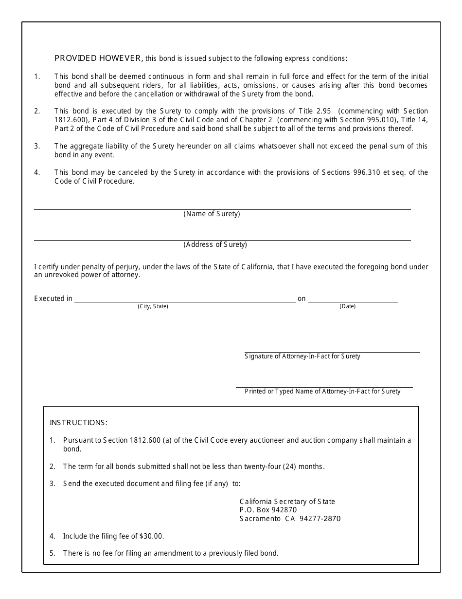 Form SFSB-455 Auctioneer / Auction Company Surety Bond - California, Page 2