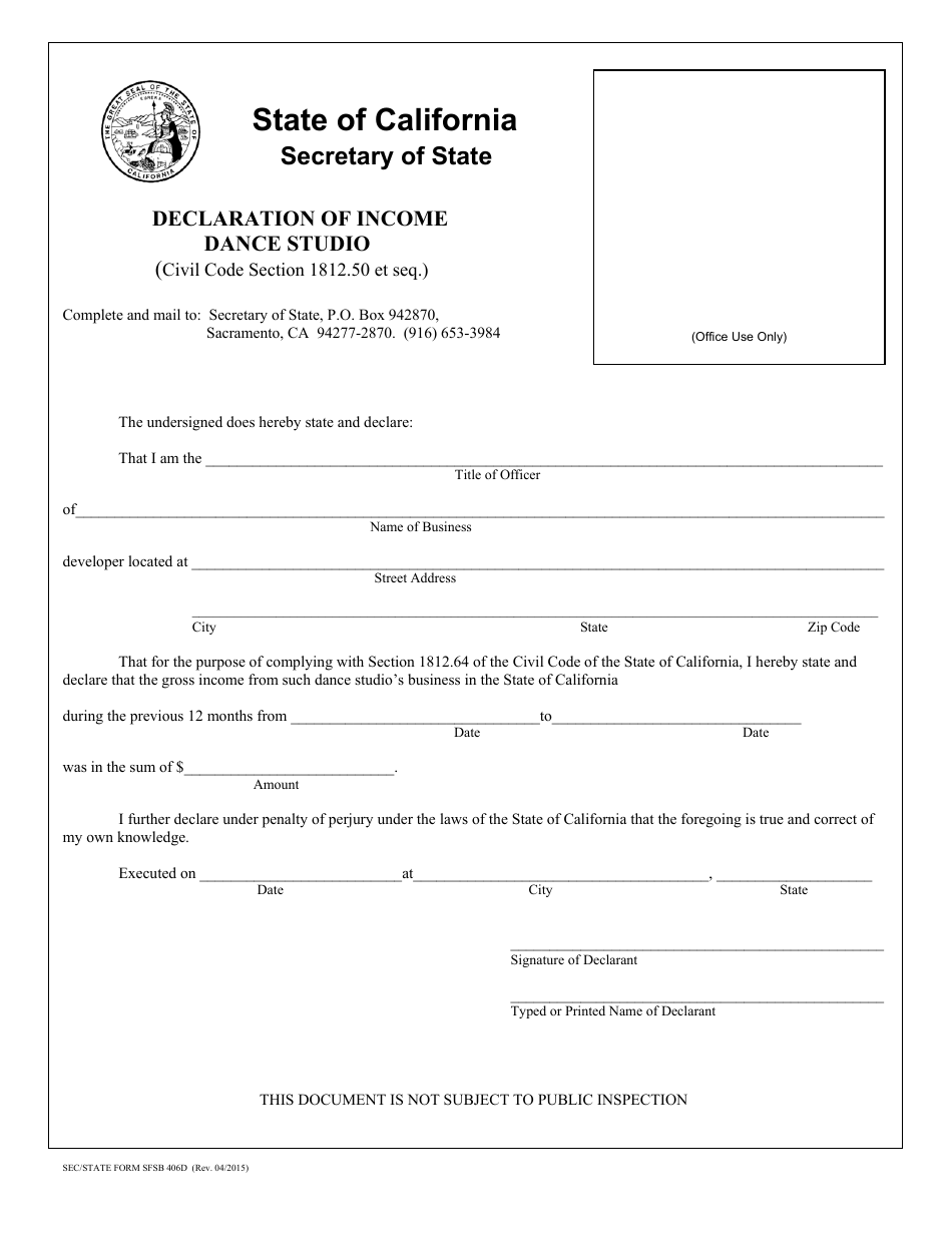 Form SFSB406D Dance Studio Surety Bond - Declaration of Income - California, Page 1