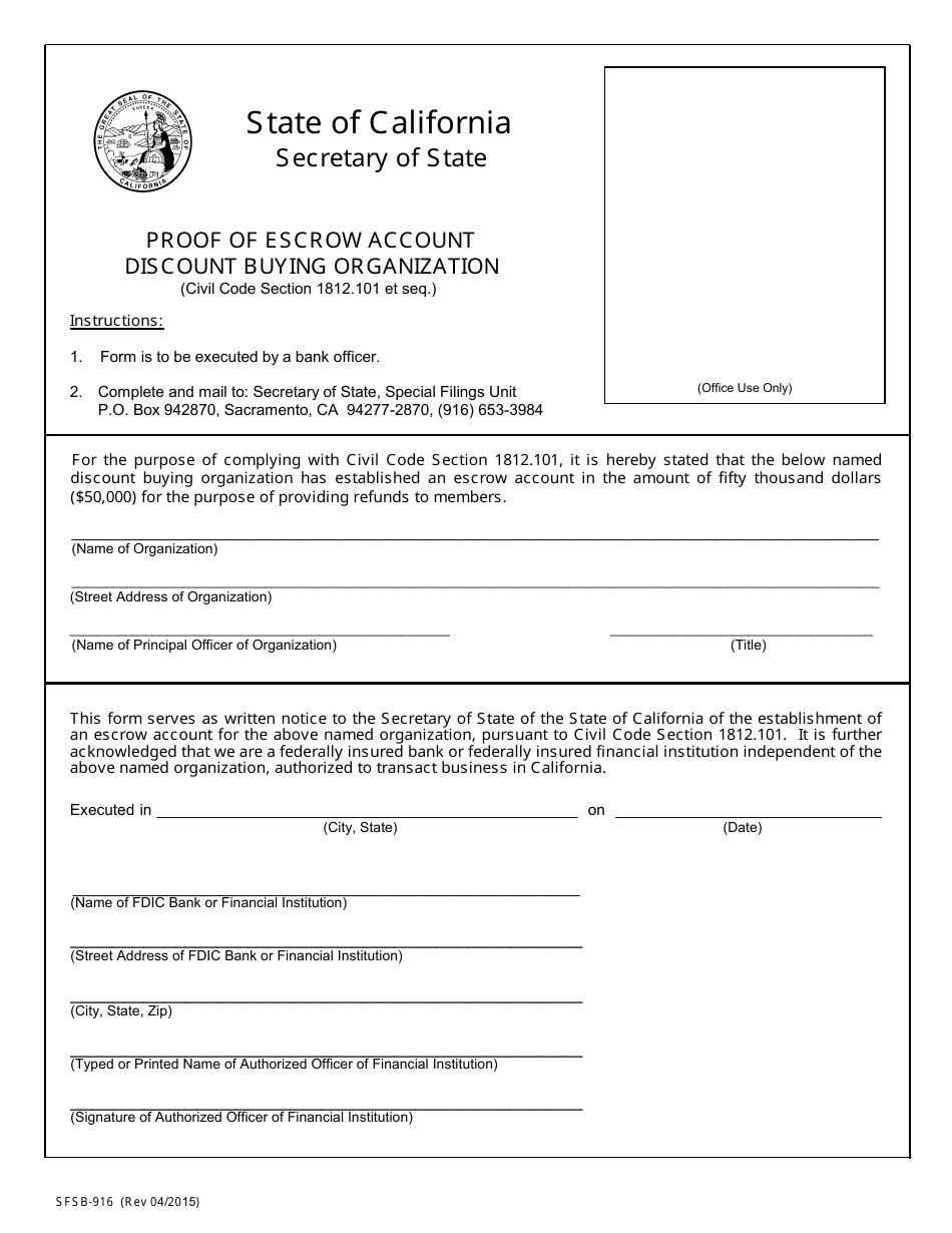 Form SFSB-916 Discount Buying Organization Bond - Proof of Escrow Account - California, Page 1