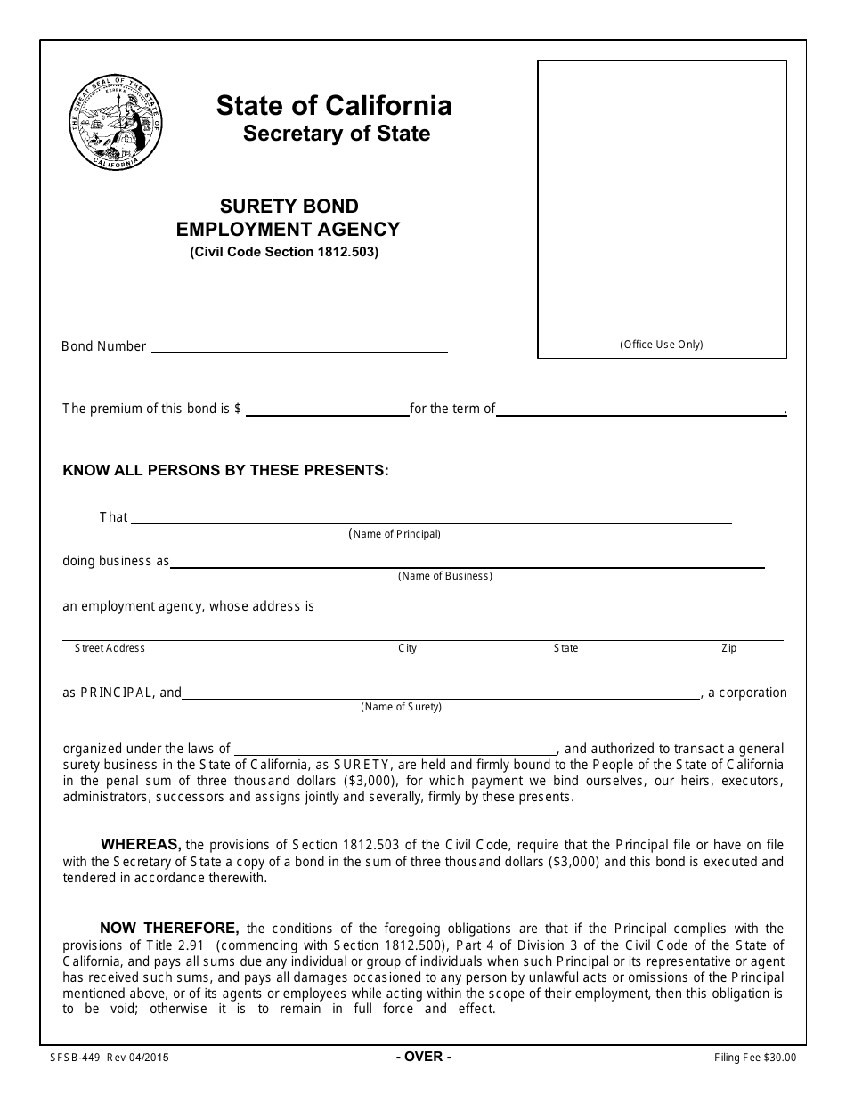 Form SFSB-449 Employment Agency Surety Bond - California, Page 1
