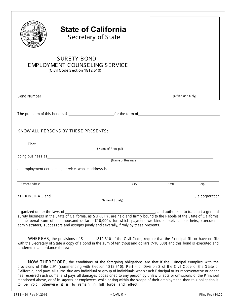 Form SFSB-450 Employment Counseling Service Surety Bond - California, Page 1
