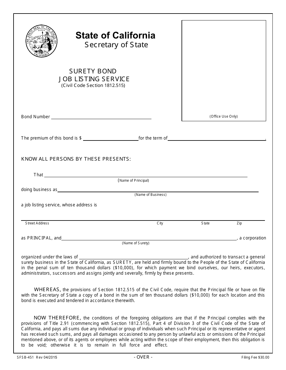 Form SFSB-451 Job Listing Service Surety Bond - California, Page 1