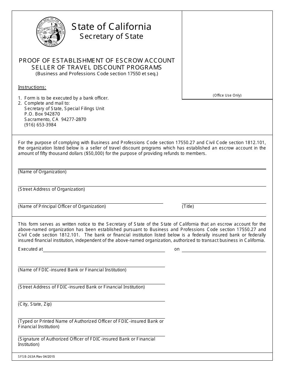 Form SFSB-263A Seller of Travel Discount Programs Surety Bond - Proof of Escrow Account - California, Page 1