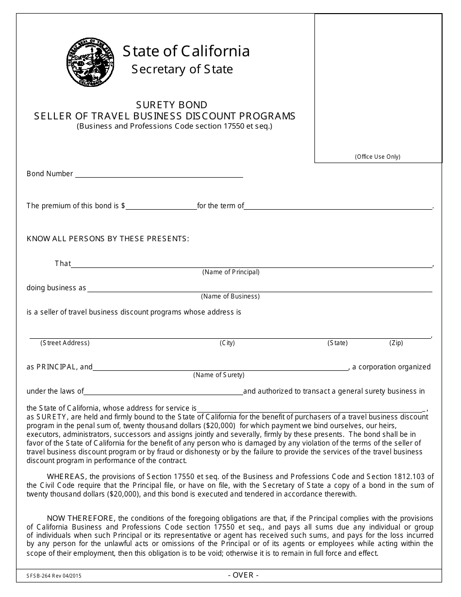 Form SFSB-264 Seller of Travel Business Discount Programs Surety Bond - California, Page 1