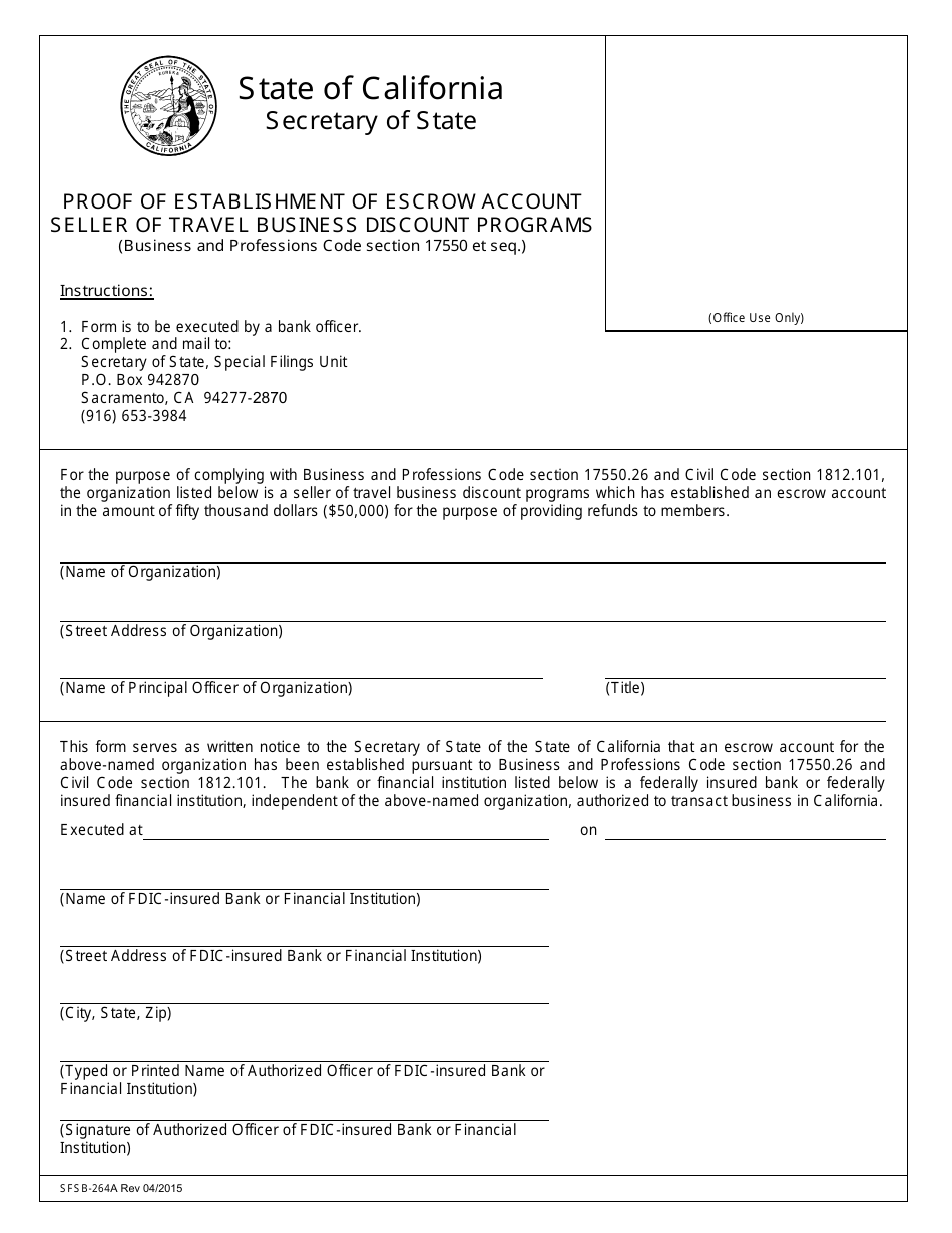Form SFSB-264A Seller of Travel Business Discount Programs Surety Bond - Proof of Escrow Account - California, Page 1