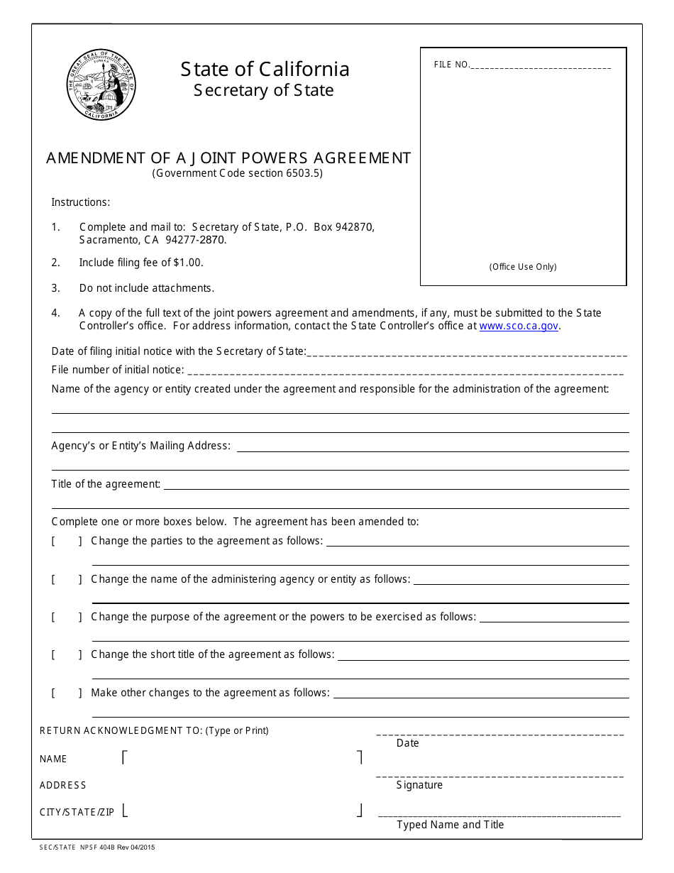 Form NPSF404B Amendment of a Joint Powers Agreement - California, Page 1