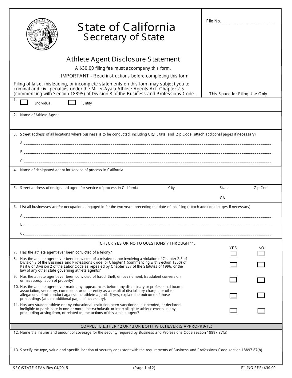 Form SFAA Athlete Agent Disclosure Statement - California, Page 1