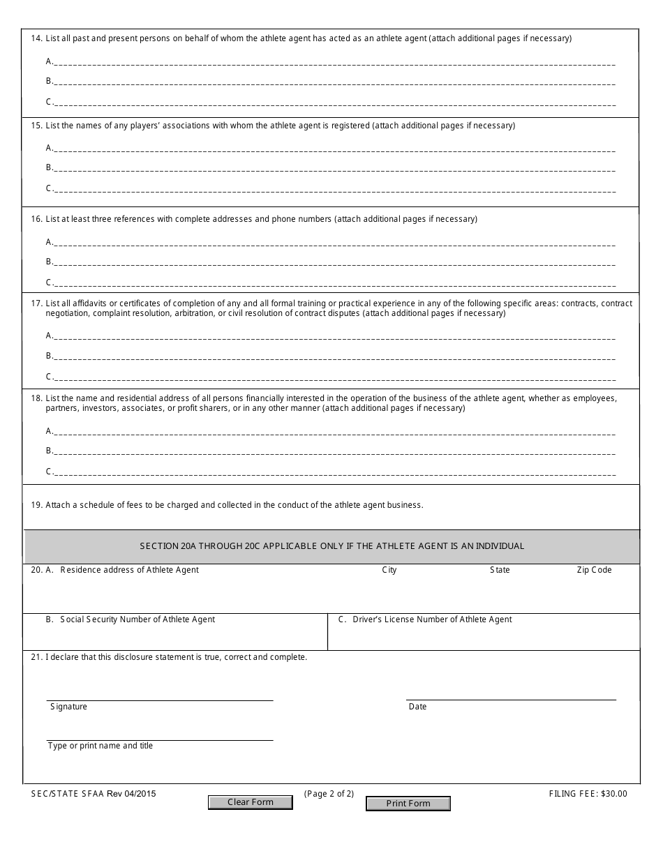 Form SFAA Athlete Agent Disclosure Statement - California, Page 2
