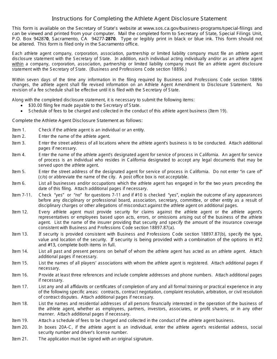 Form SFAA Athlete Agent Disclosure Statement - California, Page 3