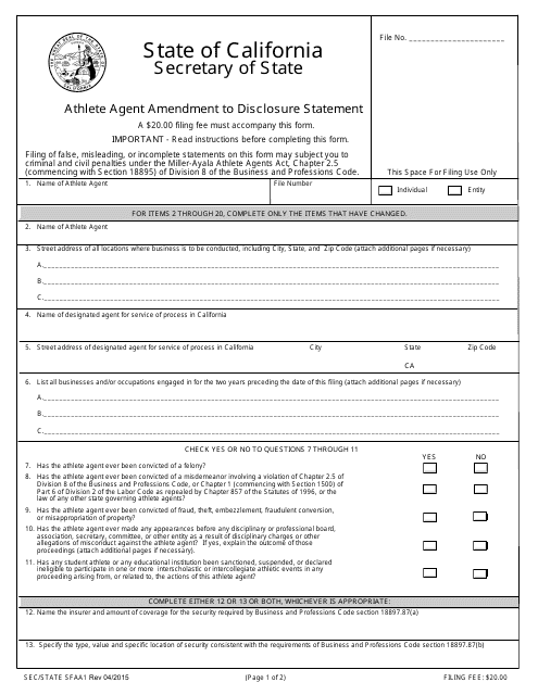 Form SFAA1 Athlete Agent Amendment to Disclosure Statement - California
