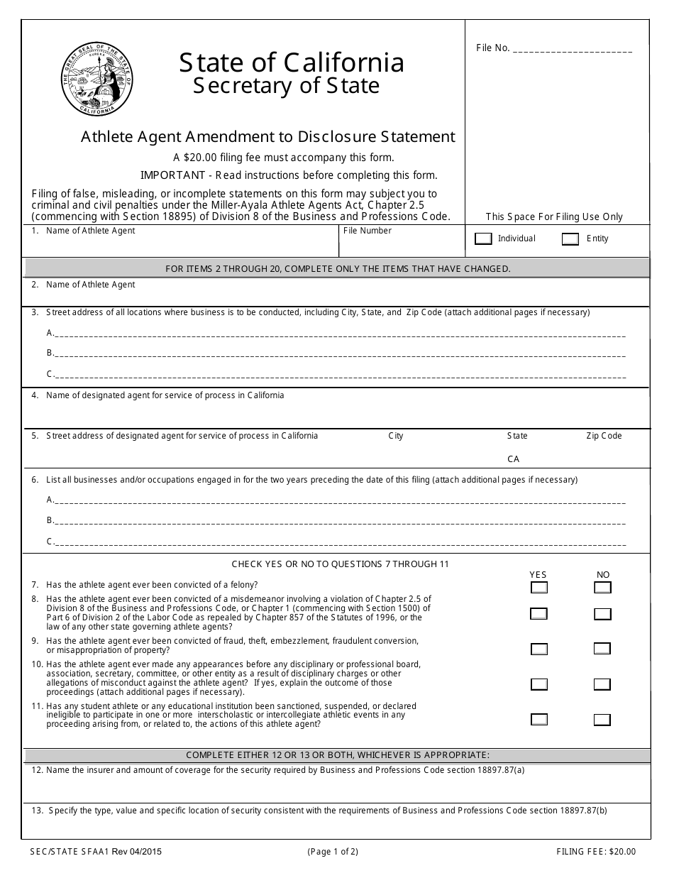 Form SFAA1 Athlete Agent Amendment to Disclosure Statement - California, Page 1