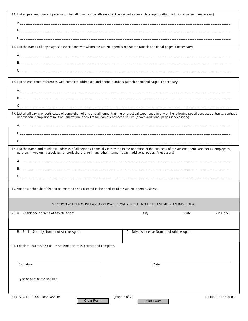 Form SFAA1 Athlete Agent Amendment to Disclosure Statement - California, Page 2