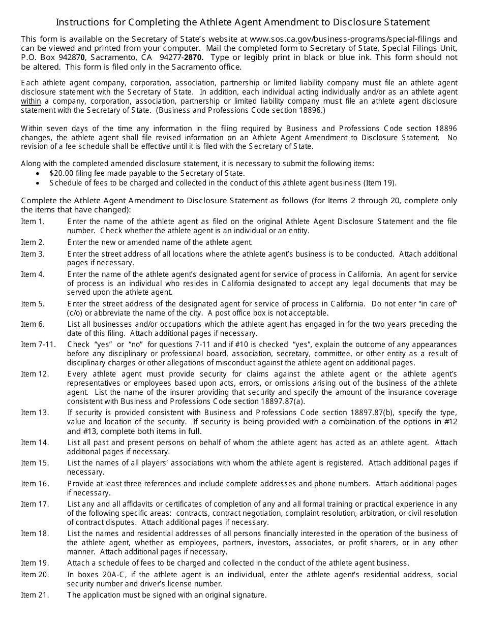 Form SFAA1 Athlete Agent Amendment to Disclosure Statement - California, Page 3