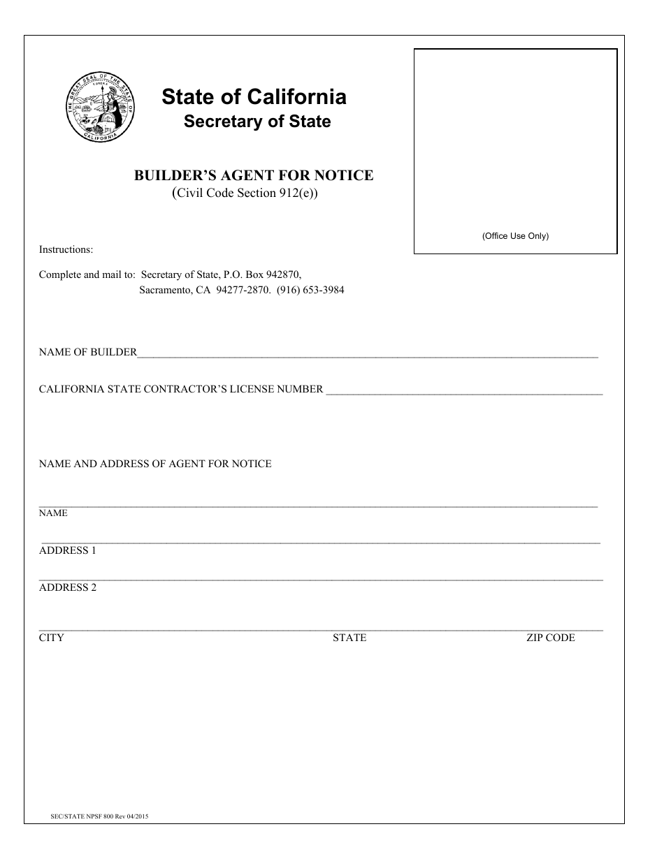 Form NPSF800 Builders Agent for Notice - California, Page 1
