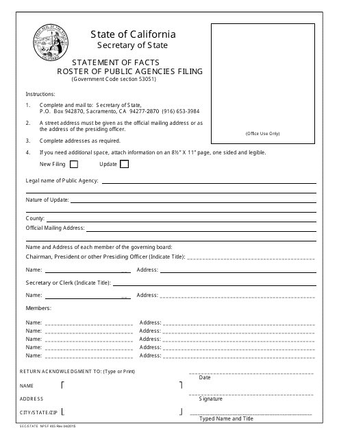 Form NPSF405 Statement of Facts Roster of Public Agencies Filing - California