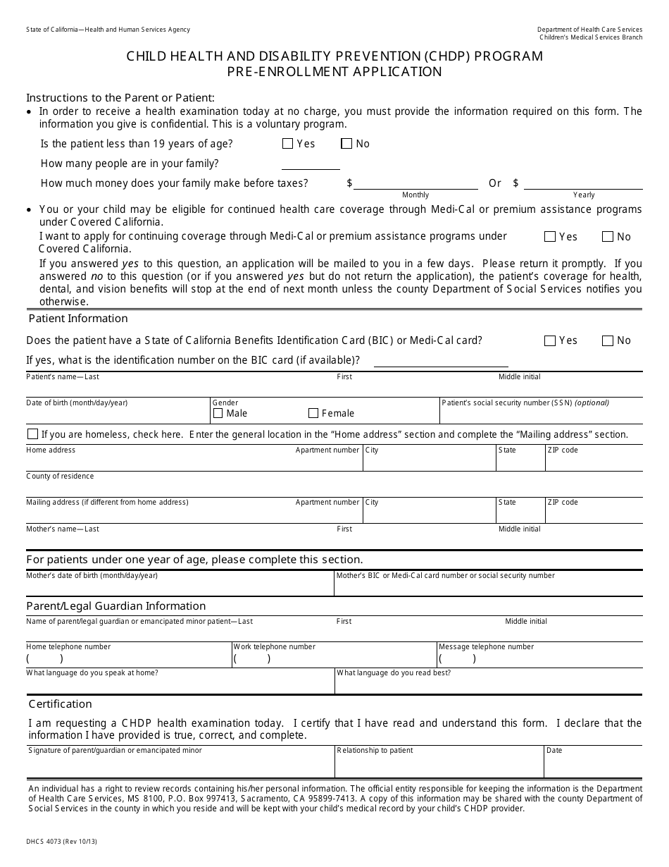 Form DHCS4073 Pre-enrollment Application - Child Health and Disability Prevention (Chdp) Program - California, Page 1