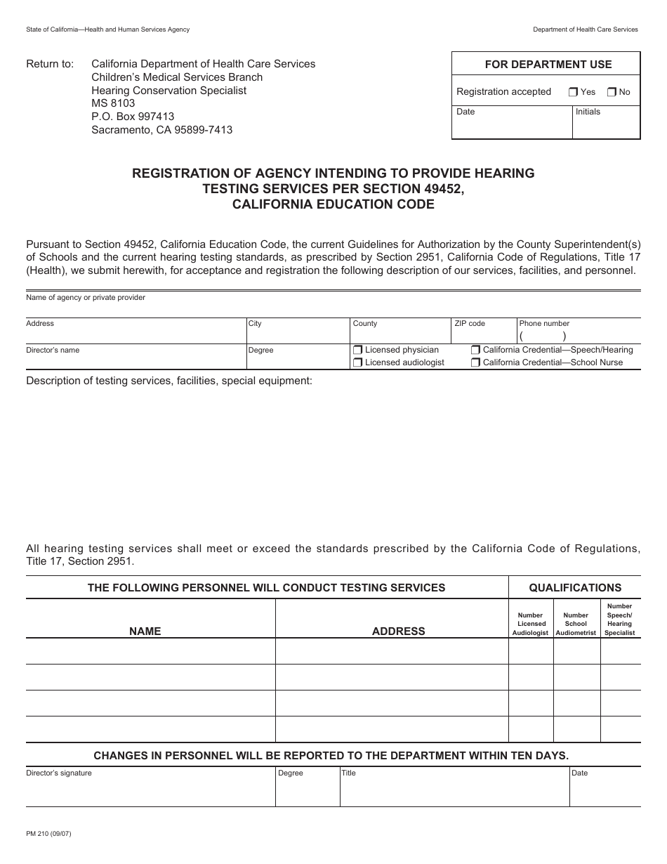 Form PM210 Registration of Agency Intending to Provide Hearing Testing Services Per Section 49452, California Education Code - California, Page 1