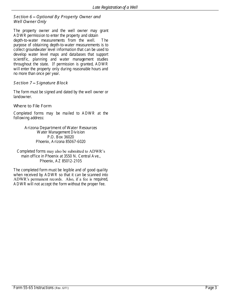 Instructions for Form DWR55-65 Late Registration of a Well - Arizona, Page 3