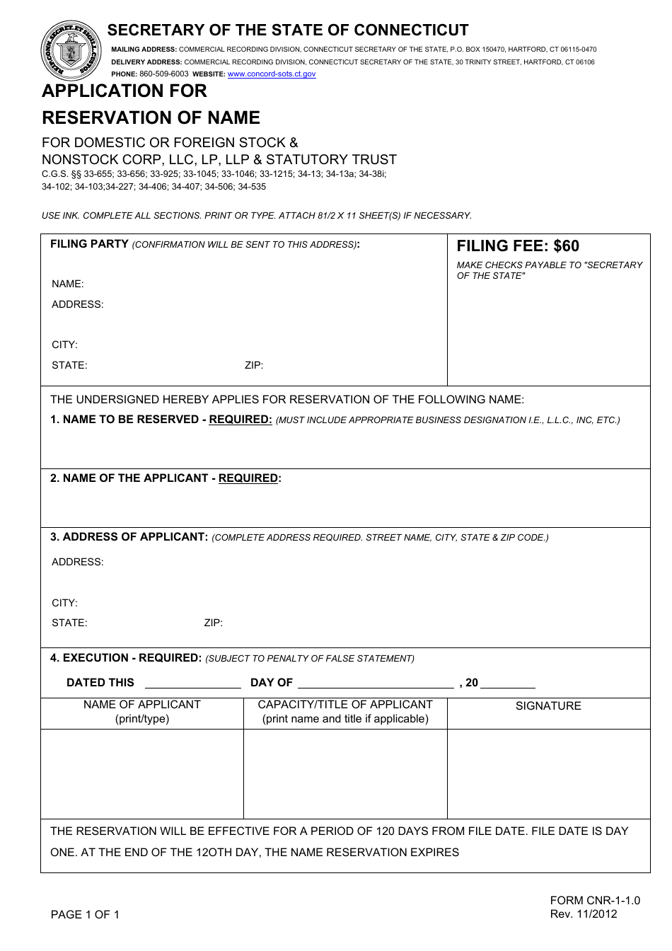 Form CNR-1-1.0 Application for Reservation of Name - Connecticut, Page 1