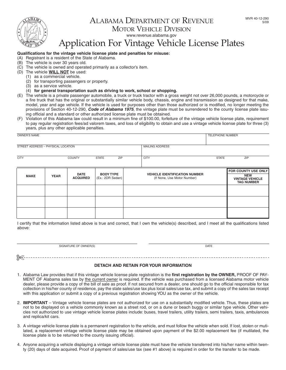 Form MVR40-12-290 Application for Vintage Vehicle License Plates - Alabama, Page 1