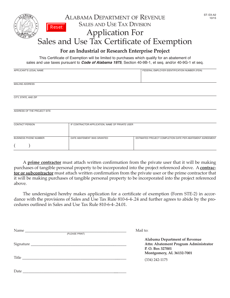 Form ST: EX-A2 Application for Sales and Use Tax Certificate of Exemption for an Industrial or Research Enterprise Project - Alabama, Page 1