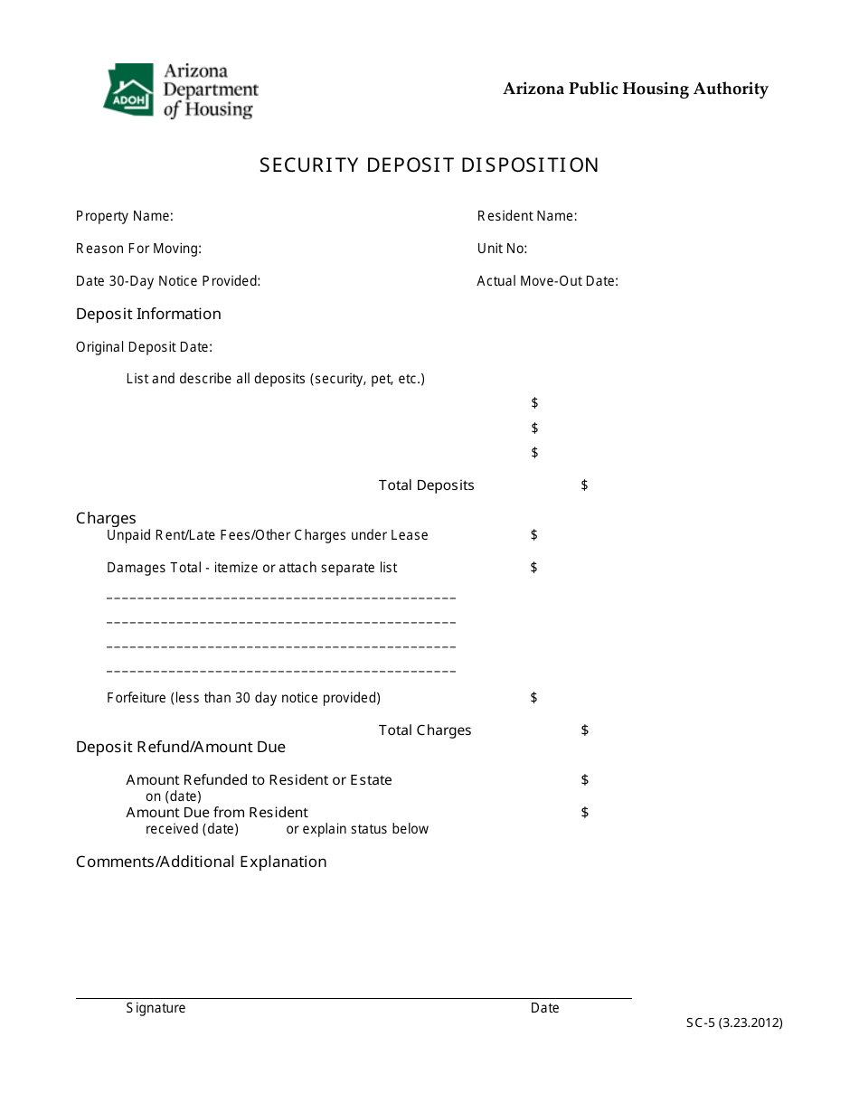 Form SC-5 Security Deposit Disposition - Arizona, Page 1
