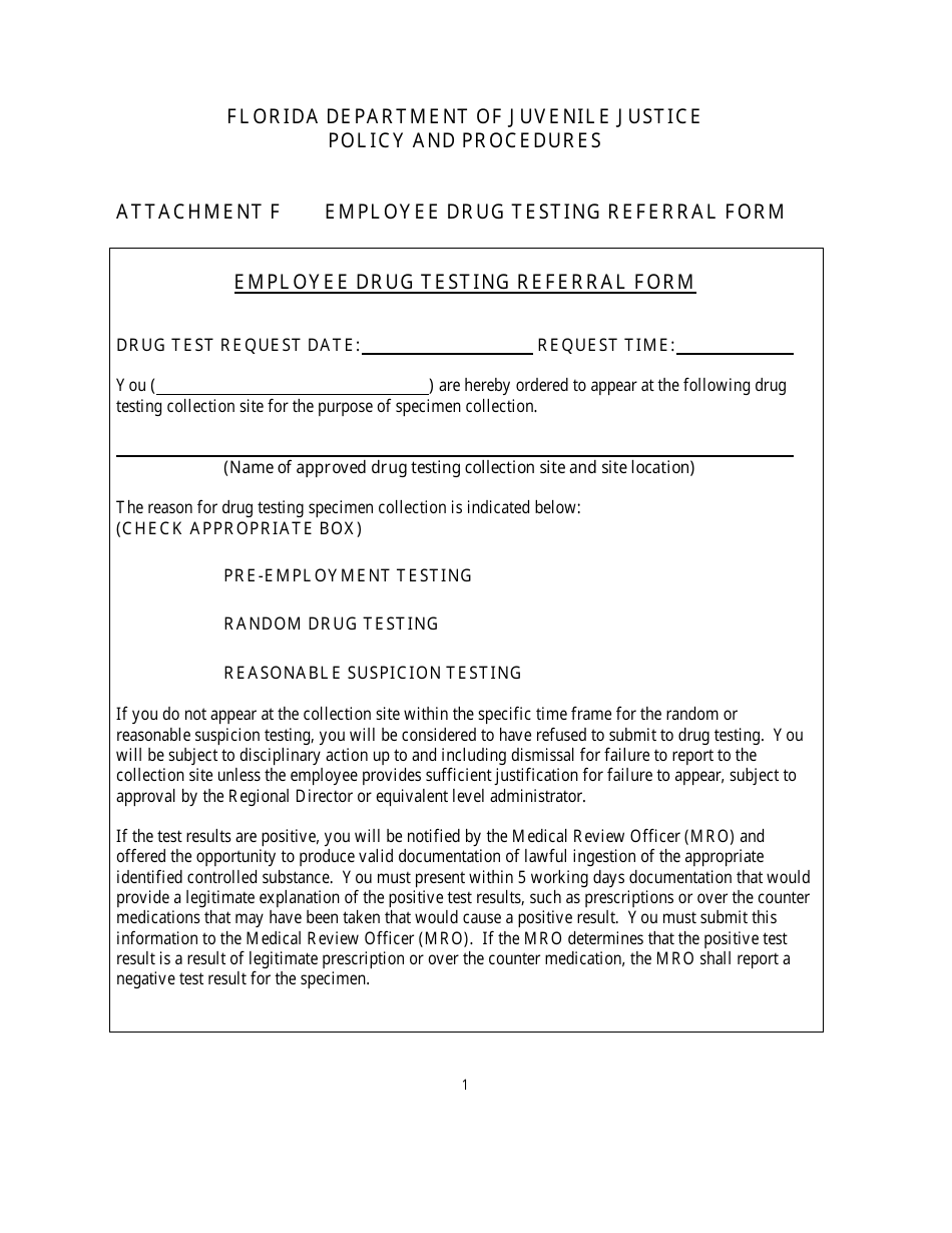 Attachment F Employee Drug Testing Referral Form - Florida, Page 1
