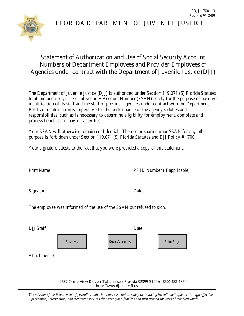 Attachment 3 Statement of Authorization and Use of Social Security Account Numbers of Department Employees and Provider Employees of Agencies Under Contract With the Department of Juvenile Justice (DJJ) - Florida, Page 1
