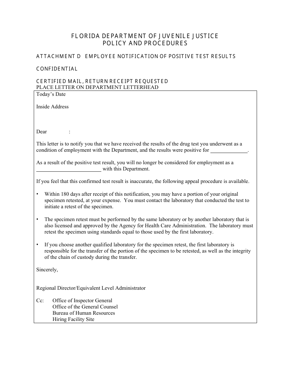 Attachment D Employee Notification of Positive Test Results - Florida, Page 1