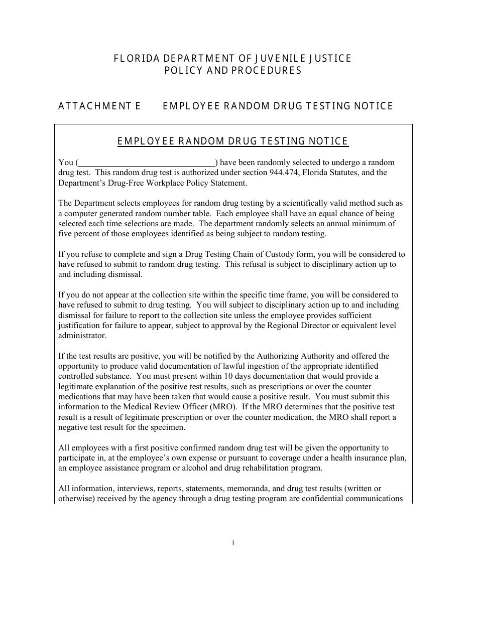 Attachment E Employee Random Drug Testing Notice Form - Florida, Page 1