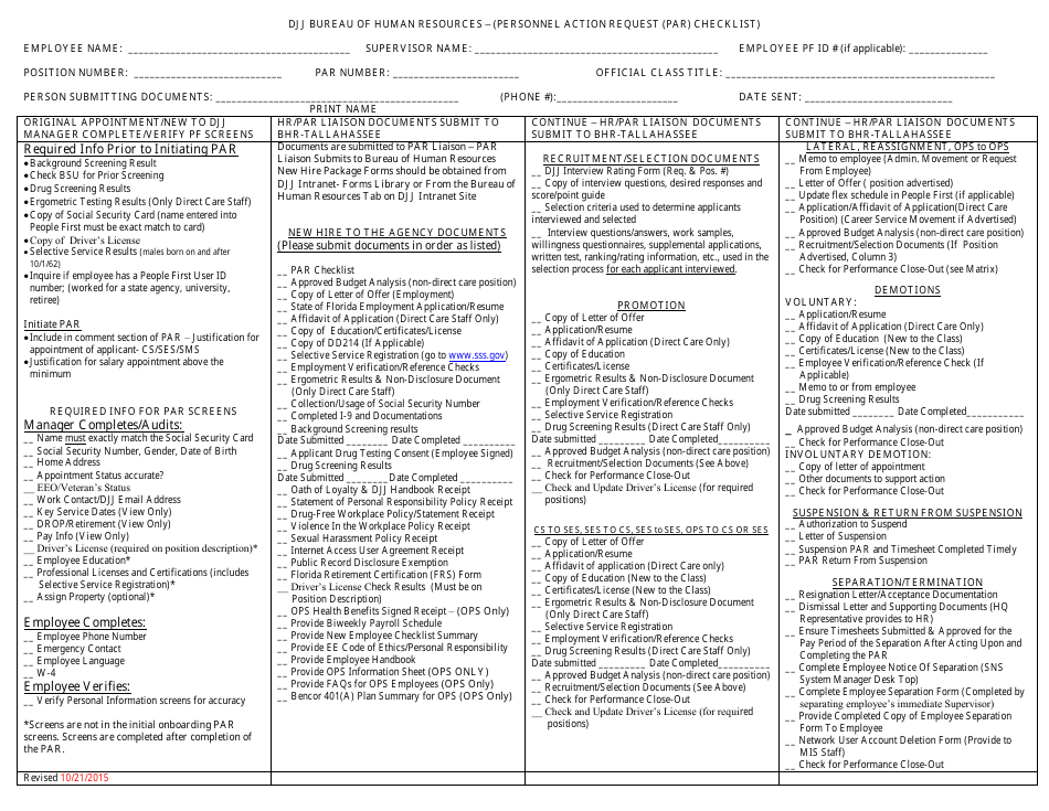Personnel Action Request (Par) Checklist - Florida, Page 1