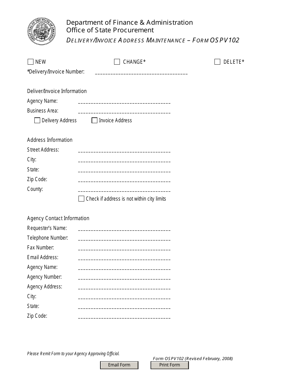 Form OSPV102 Delivery / Invoice Address Maintenance - Arkansas, Page 1