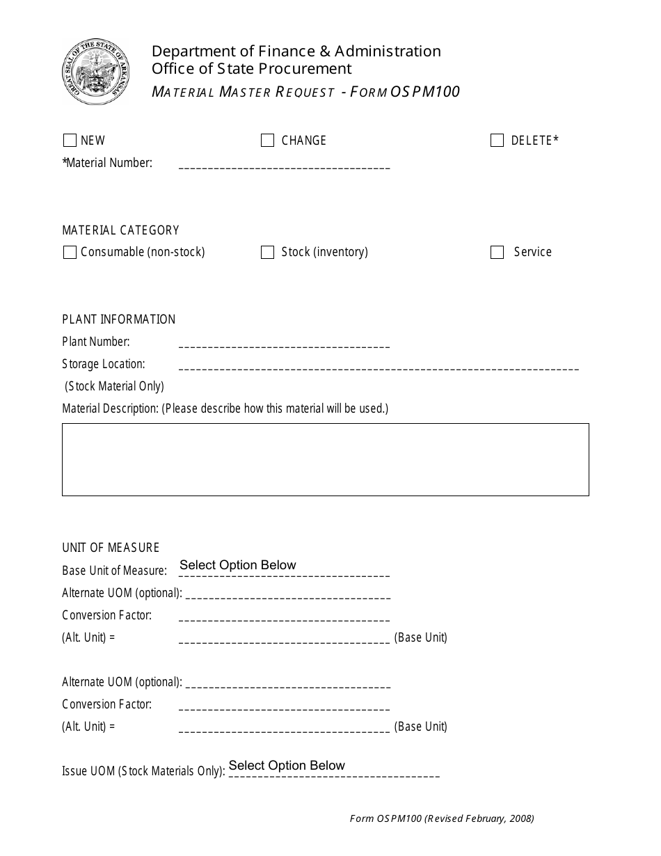 Form OSPM100 Material Master Request - Arkansas, Page 1