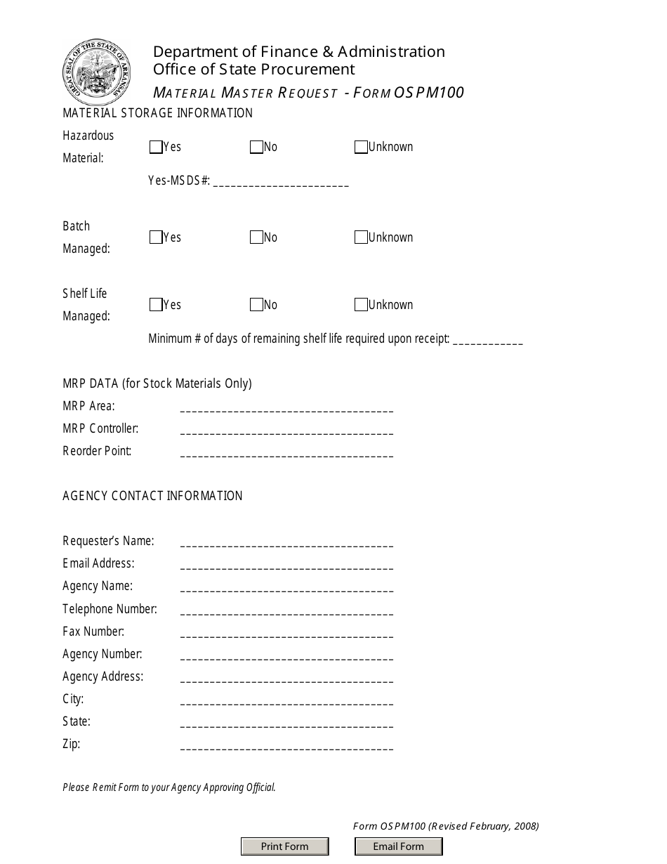 Form OSPM100 Material Master Request - Arkansas, Page 2