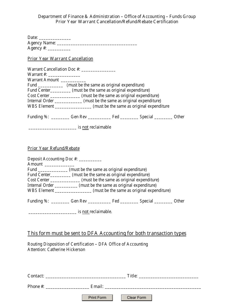 Prior Year Warrant Cancellation / Refund / Rebate Certification Form - Arkansas, Page 1