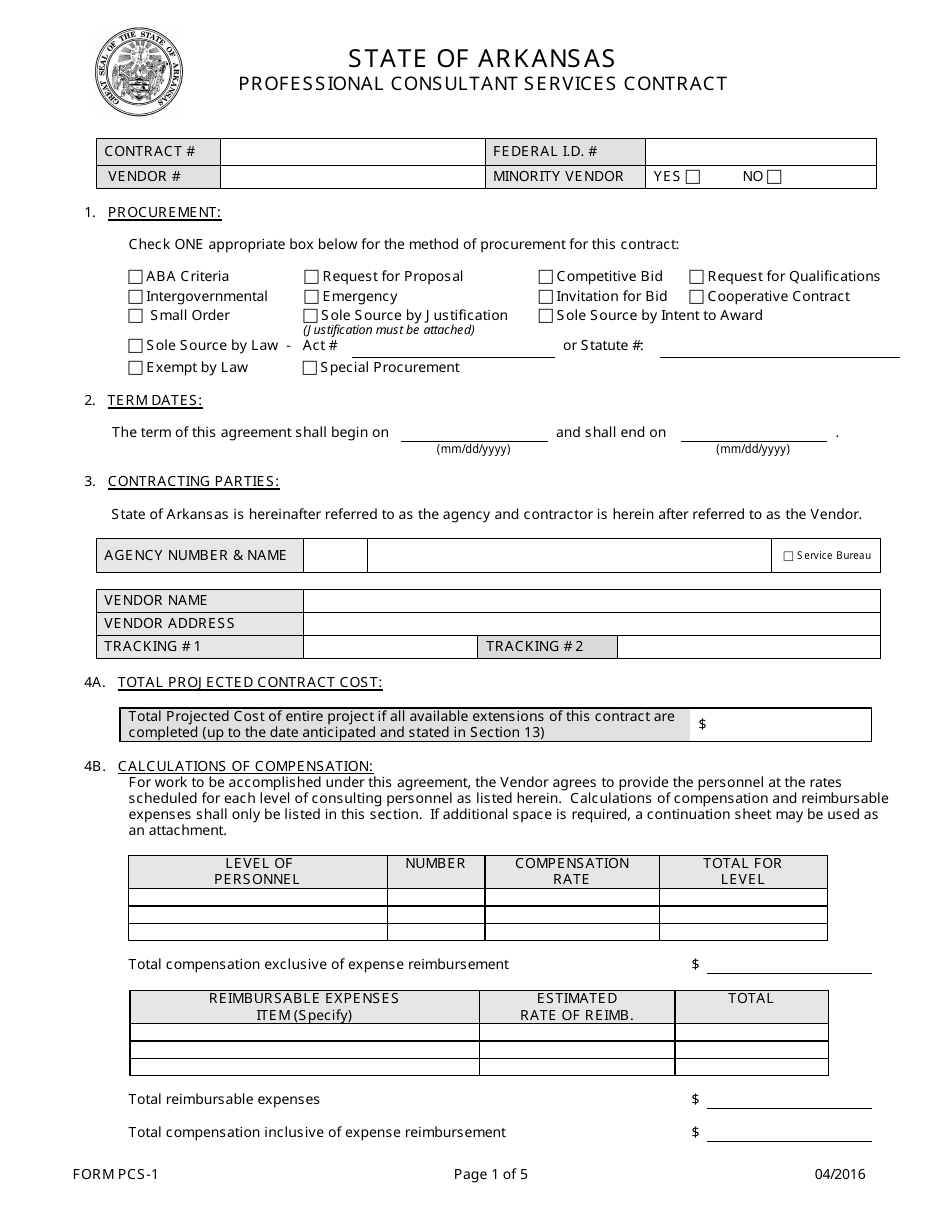 Form PCS-1 Professional Consultant Services Contract - Arkansas, Page 1