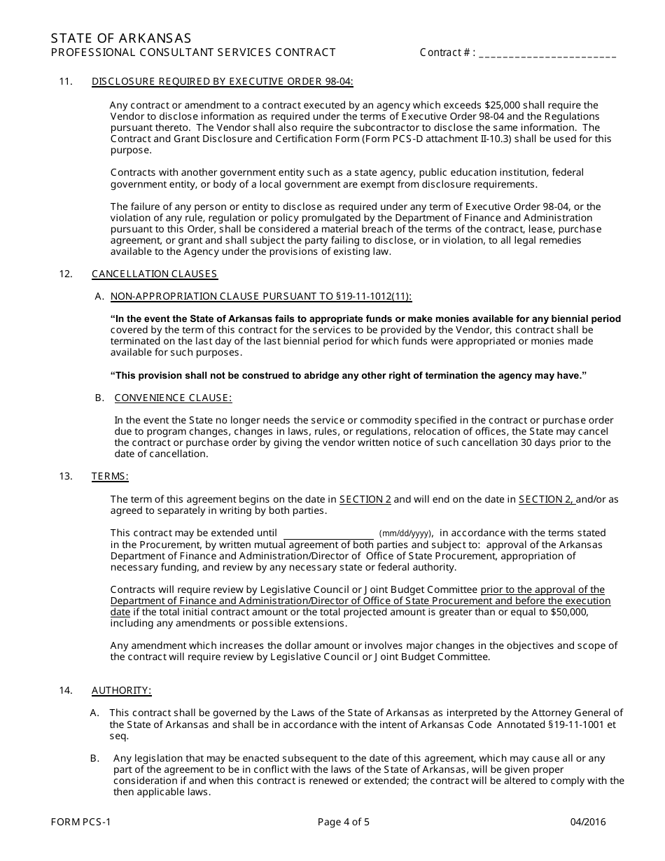 Form PCS-1 Professional Consultant Services Contract - Arkansas, Page 4