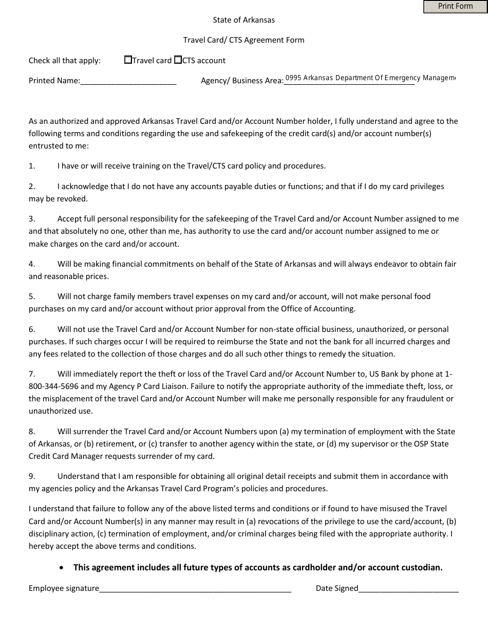 Travel Card / Cts Agreement Form - Arkansas, Page 1