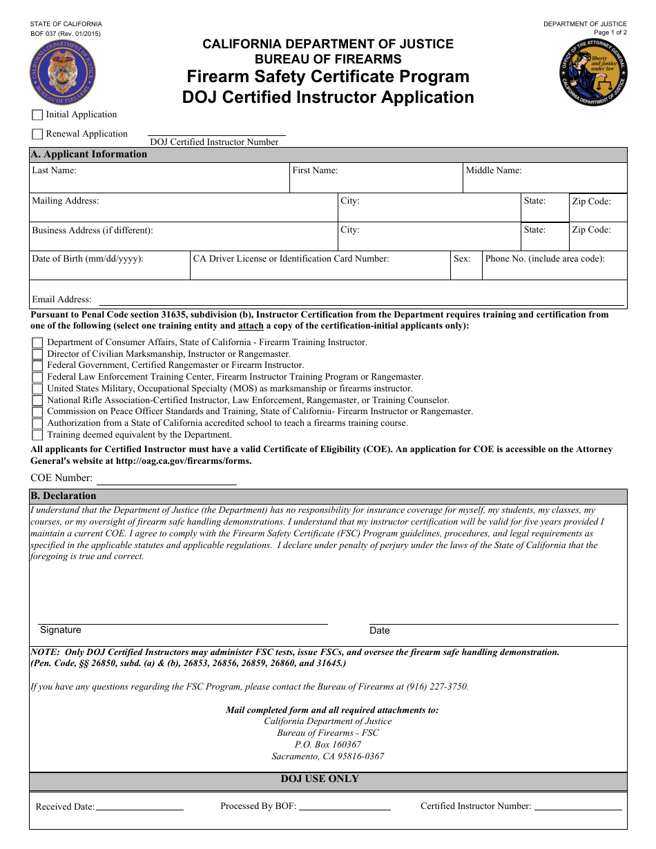Form BOF037 Doj Certified Instructor Application - Firearm Safety Certificate Program - California, Page 1