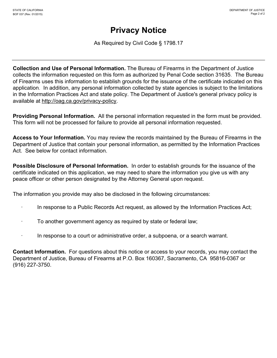 Form BOF037 Doj Certified Instructor Application - Firearm Safety Certificate Program - California, Page 2