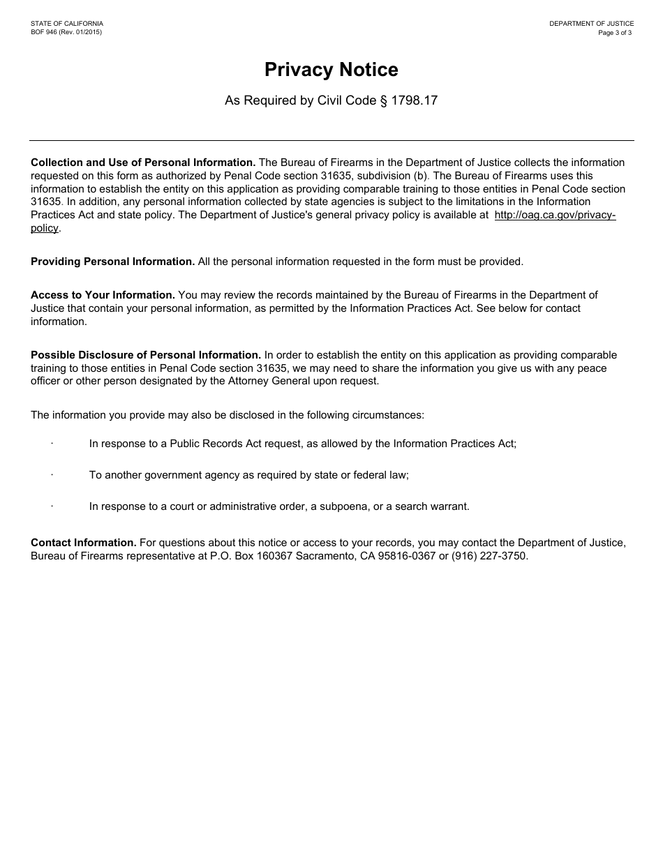 Form BOF946 Comparable Training Entity Application - California, Page 3