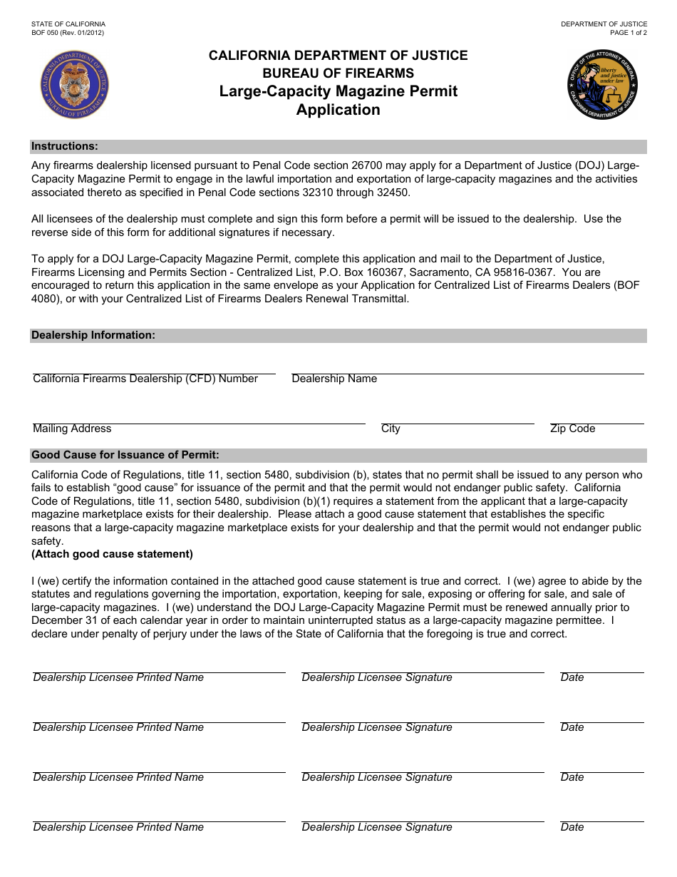 Form BOF050 Large-Capacity Magazine Permit Application - California, Page 1