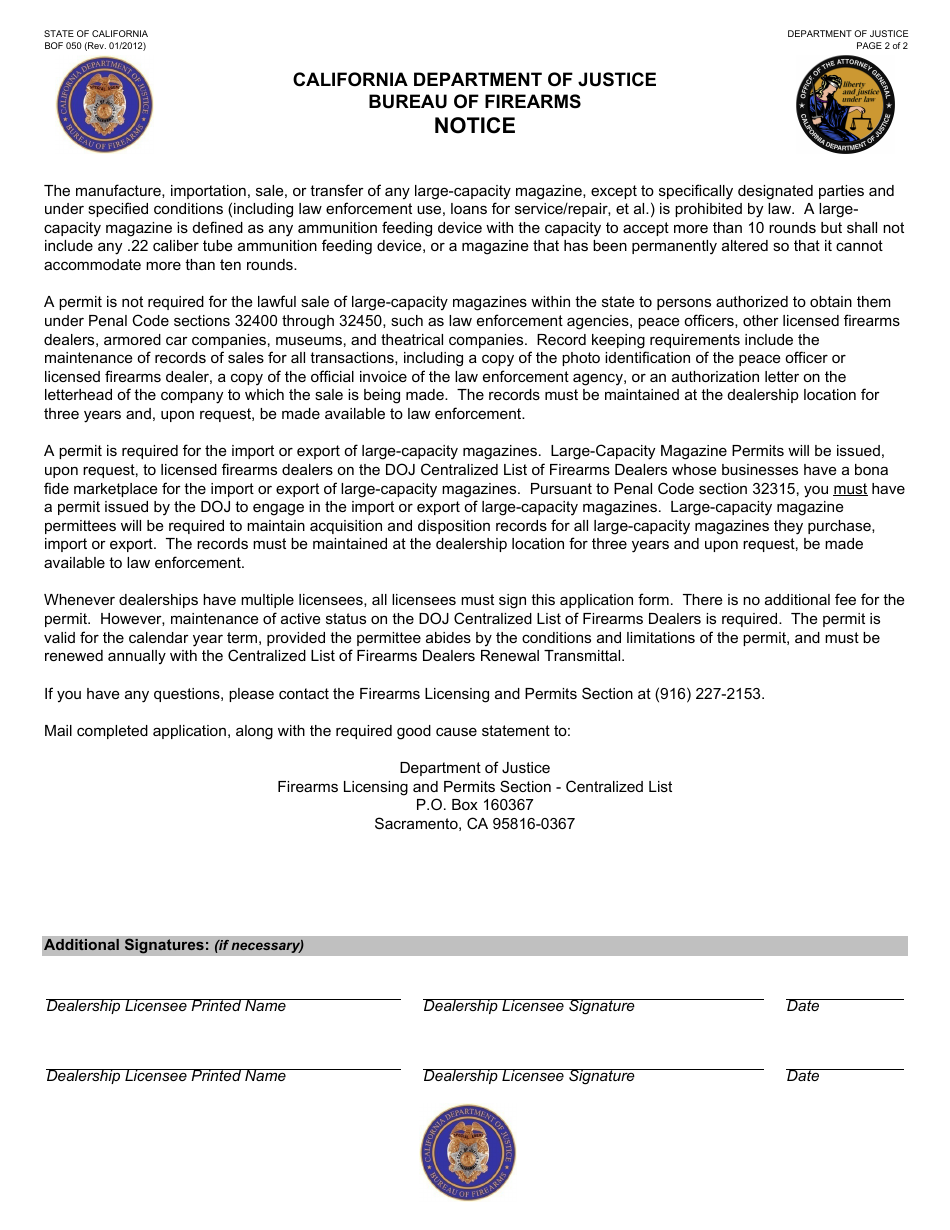 Form BOF050 Large-Capacity Magazine Permit Application - California, Page 2