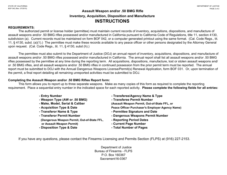 Form BOF042 Assault Weapon and / or .50 Bmg Rifle Inventory, Acquisition, Disposition and Manufacture - California, Page 2