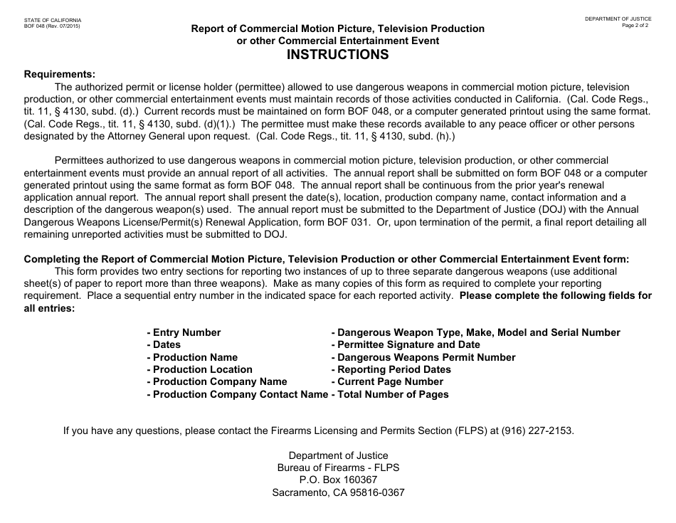 Form BOF048 Report of Commercial Motion Picture, Television Production or Other Commercial Entertainment Event - California, Page 2