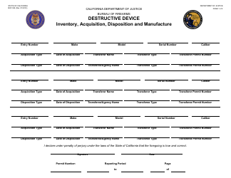 Form BOF044 Destructive Device - Inventory, Acquisition, Disposition and Manufacture - California