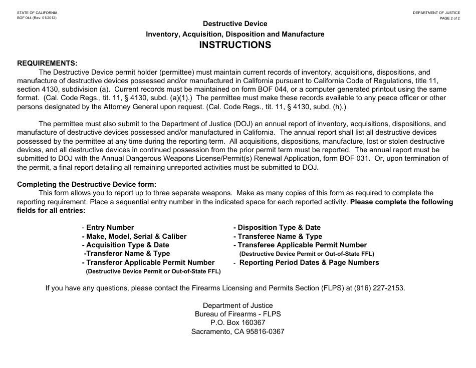 Form BOF044 Destructive Device - Inventory, Acquisition, Disposition and Manufacture - California, Page 2