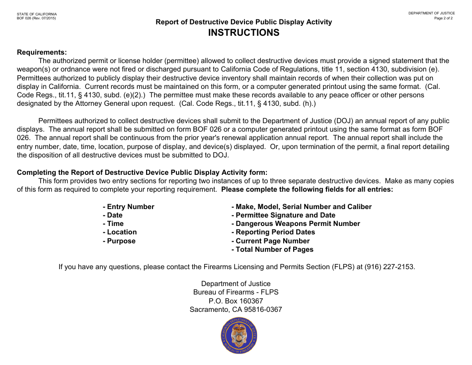 Form BOF026 Report of Destructive Device Public Display Activity - California, Page 2