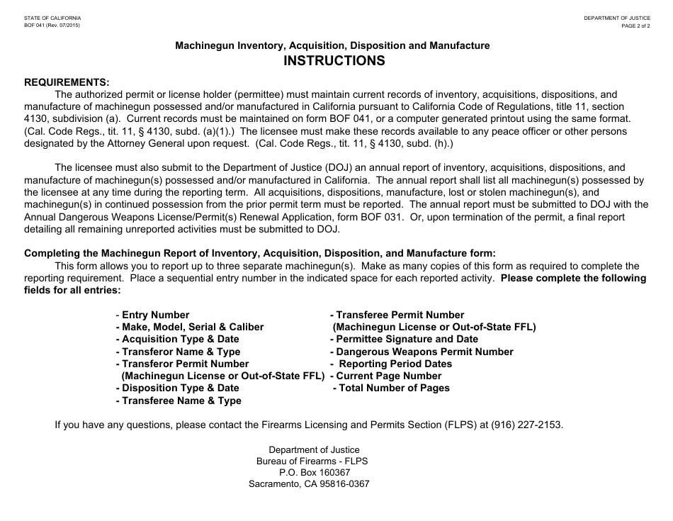 Form BOF041 Machinegun Inventory, Acquisition, Disposition and Manufacture - California, Page 2